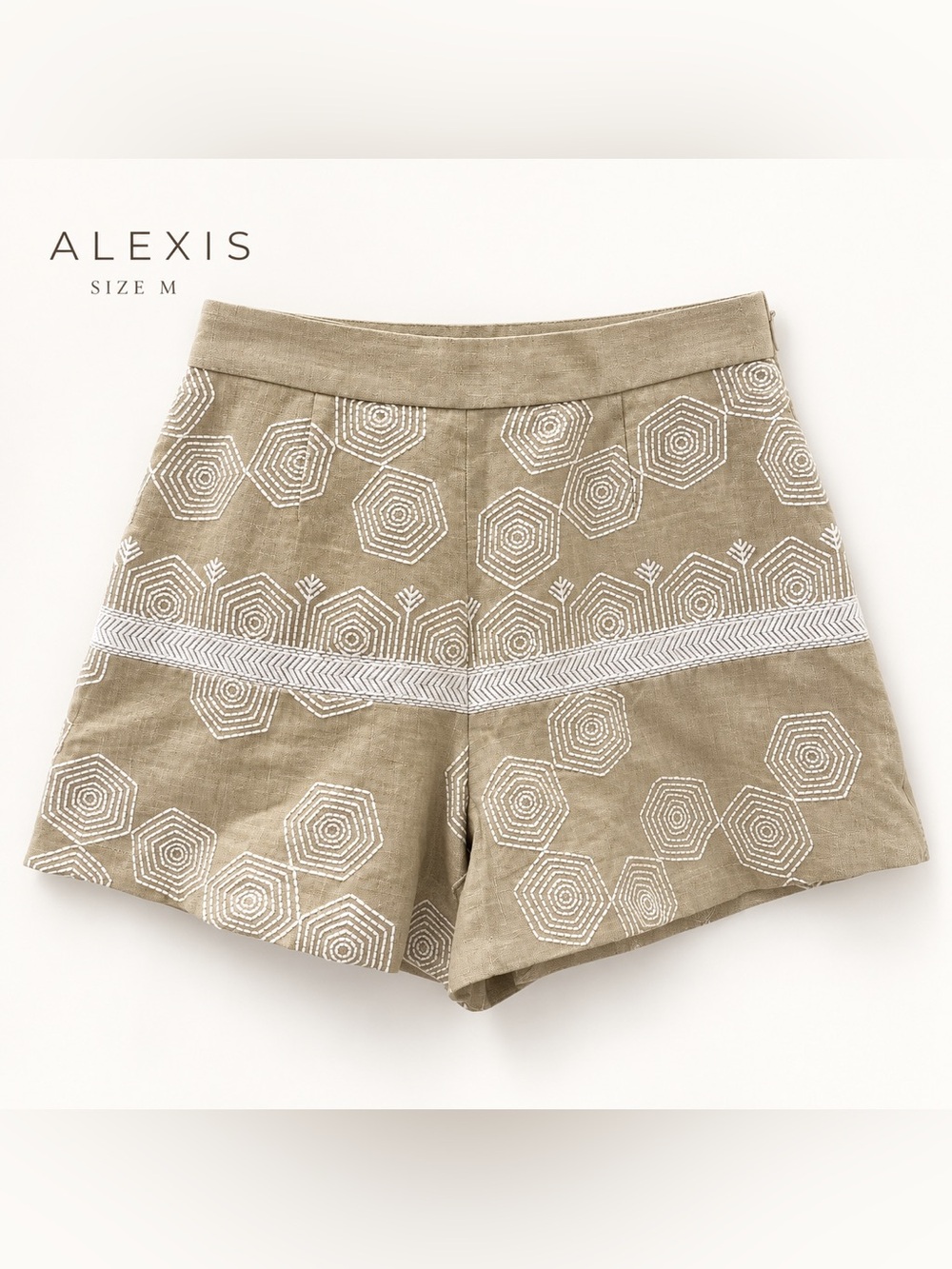 ALEXIS Tan White Embroidered High-Waist Shorts M